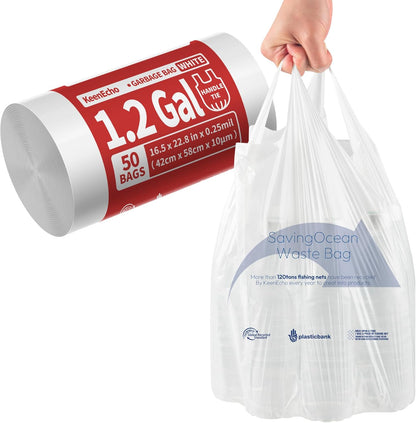 Small Trash Bags with Handles 1.2 Gallon 50 Count White - Ocean Plastic Upcycling - Plastic Garbage