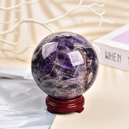 JIC Gem Large Crystal Ball Chevron Amethyst Healing Crystals Sphere with Wooden Stand Meditation