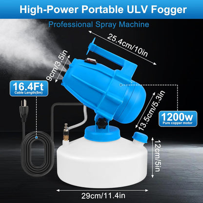 5L (1.3 Gallon) Electric ULV Fogger Sprayer Machine with 3 Nozzles, Portable Cold Fogger with