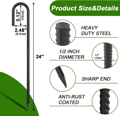 AAGUT 24Inch Rebar Stakes 20Pcs Heavy Duty 1/2 Inch J Hook Fence Anchors Curved Steel Garden Stake