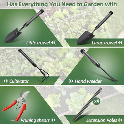 Garden Tool Set, 5Pcs Garden Tools with Extensions, Heavy Duty Rustproof Metal Gardening Tool