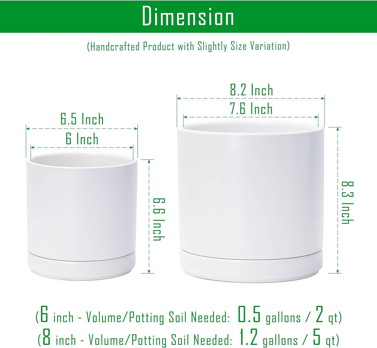 D'vine Dev 6.5 Inch & 8.2 Inch Ceramic Planter Pots for Plants with Drainage Hole and Saucer