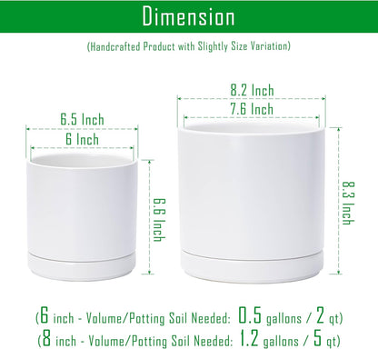 D'vine Dev 6.5 Inch & 8.2 Inch Ceramic Planter Pots for Plants with Drainage Hole and Saucer