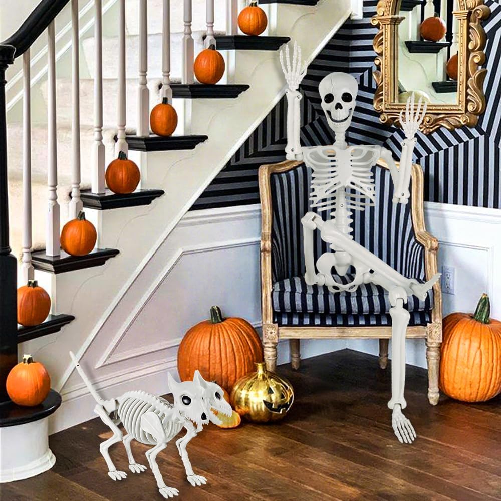 YUJUN 36'' Halloween Skeleton Decoration with 2Head Dog Skeleton, Full Body Posable Skeleton