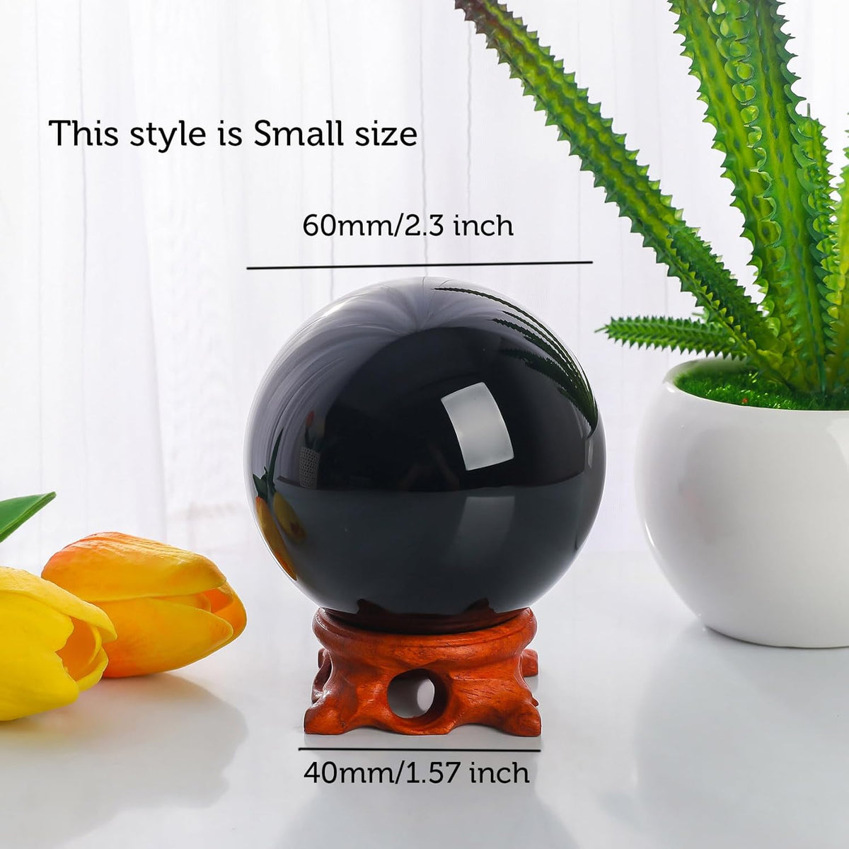 Modaier Black Small Obsidian Crystal Ball 60mm/2.3 inch with Rose Wooden Stand and Gift Box for