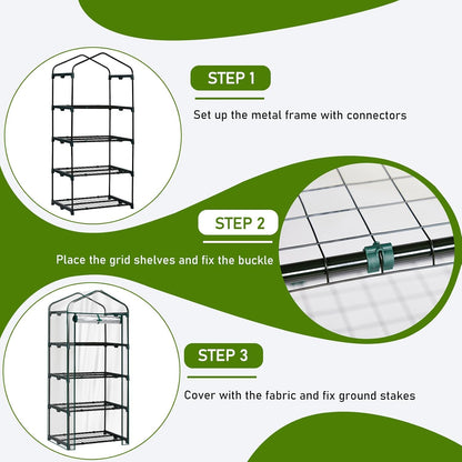 Outvita Mini Greenhouse, Small PVC Plant Green House with 4 Tiers Rack, Shelf Clips, Roll-up Zipper