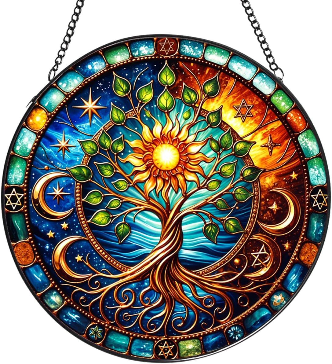 Tree of Life Stained Glass Window Hanging,7.87 Inch Sun Catcher Indoor Window Decorations