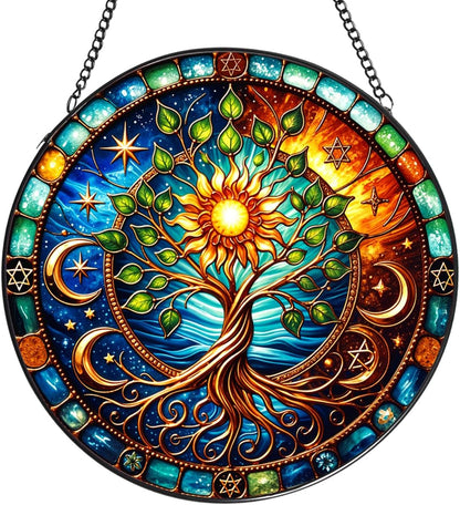 Tree of Life Stained Glass Window Hanging,7.87 Inch Sun Catcher Indoor Window Decorations