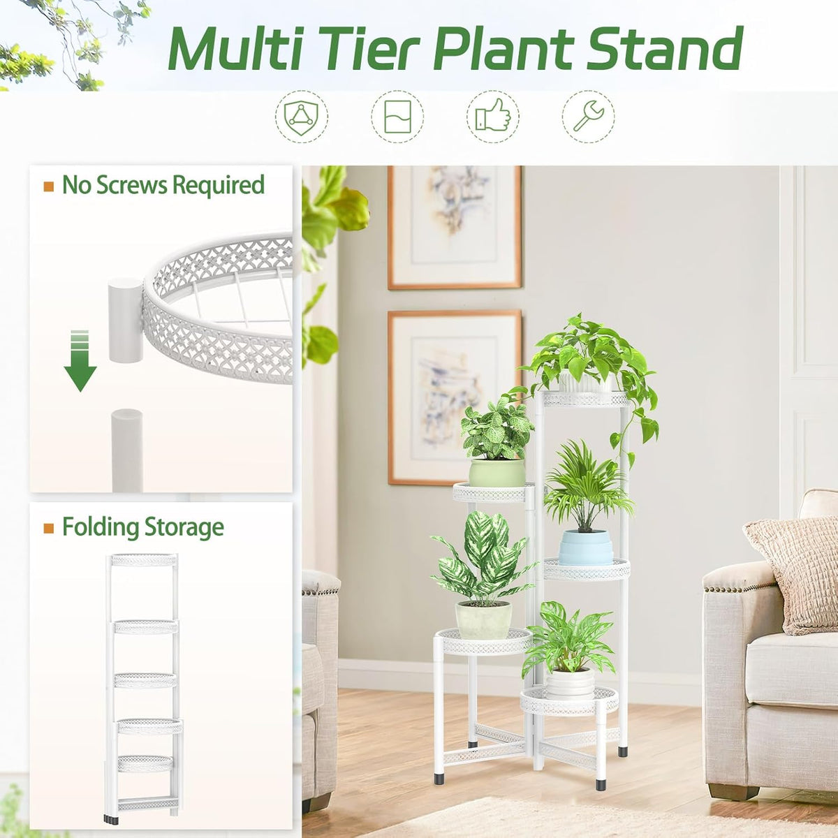 iDavosic.ly Plant Stand Indoor Outdoor, 5 Tier Corner Metal Flower Display Holder Shelf, Folding