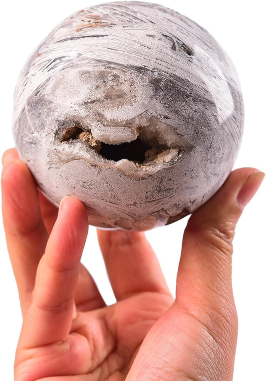 JIC Gem Large Mexican White Agate Crystal Sphere with Stand Gemstone Decorative Ball for Home Decor