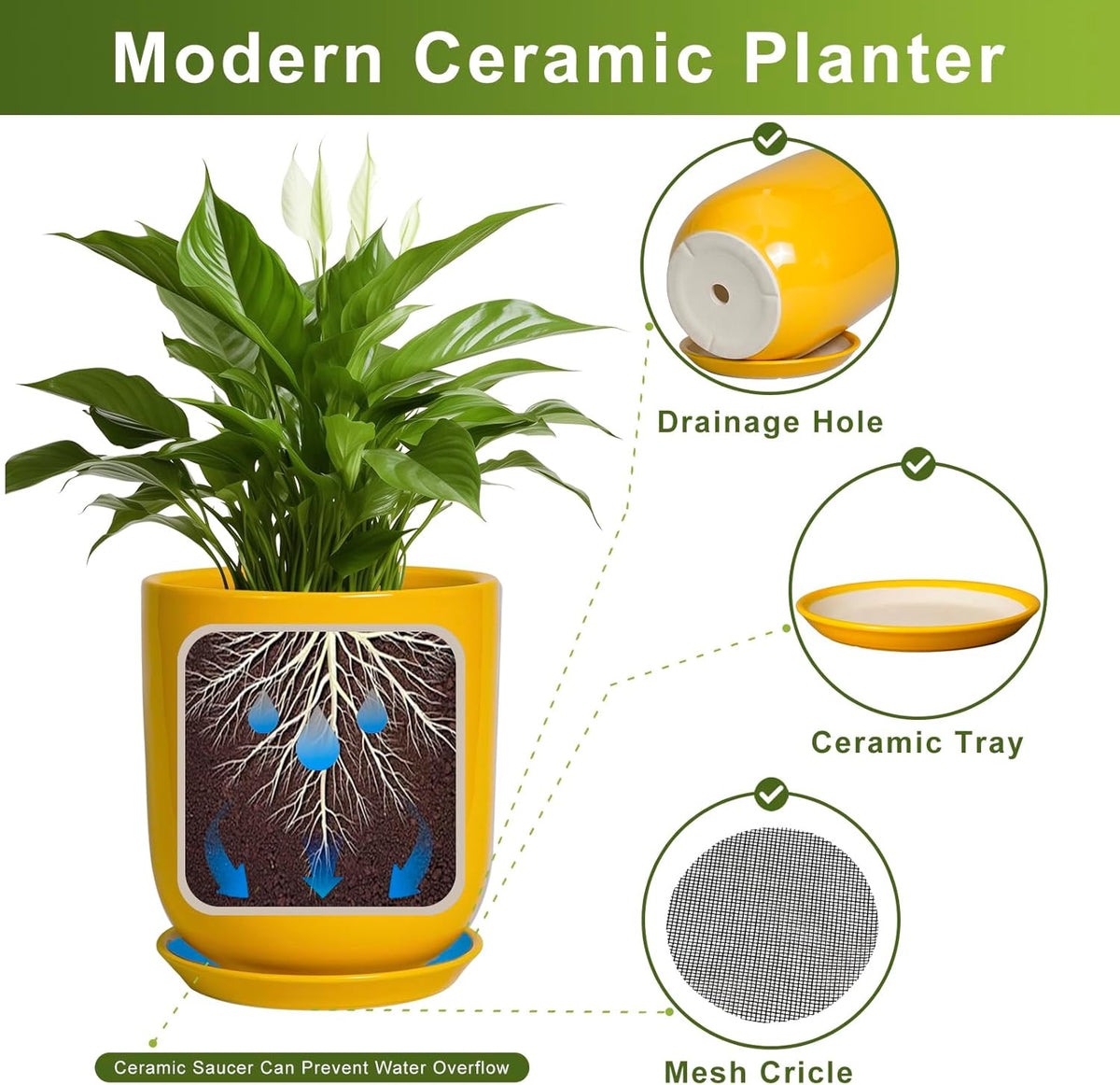 Ceramic Pot for Plants - 10 Inch Plant Pot Indoor with Drainage Hole and Saucer Large Planter for