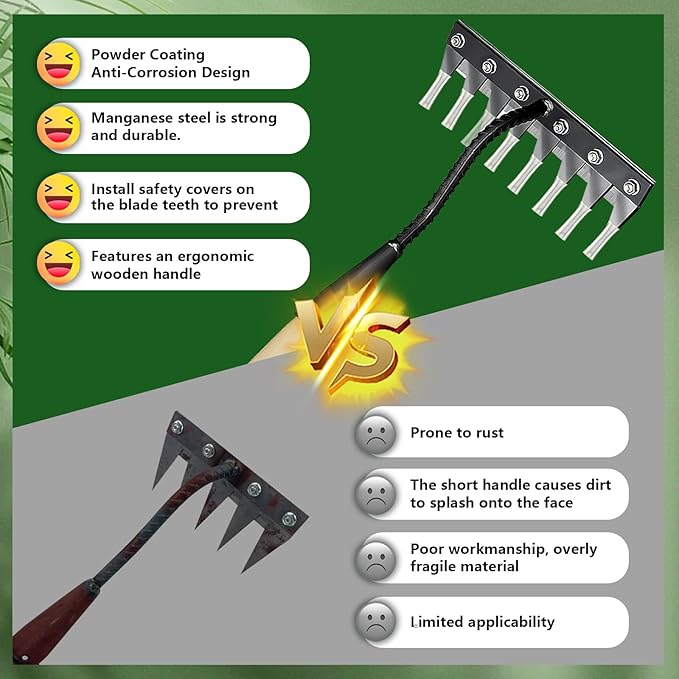 Upgraded Cultivator rake, Spray-Coated Rust-Proof Manganese Steel Weed rake, and 8-Tines Garden