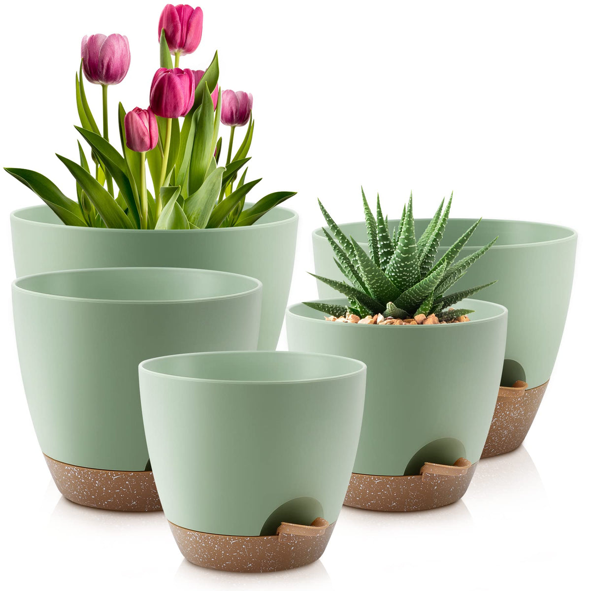 QRRICA Plant Pots 10/9/8/7.5/7 Inch Self Watering Pots, Set of 5 Plastic Planters with Drainage