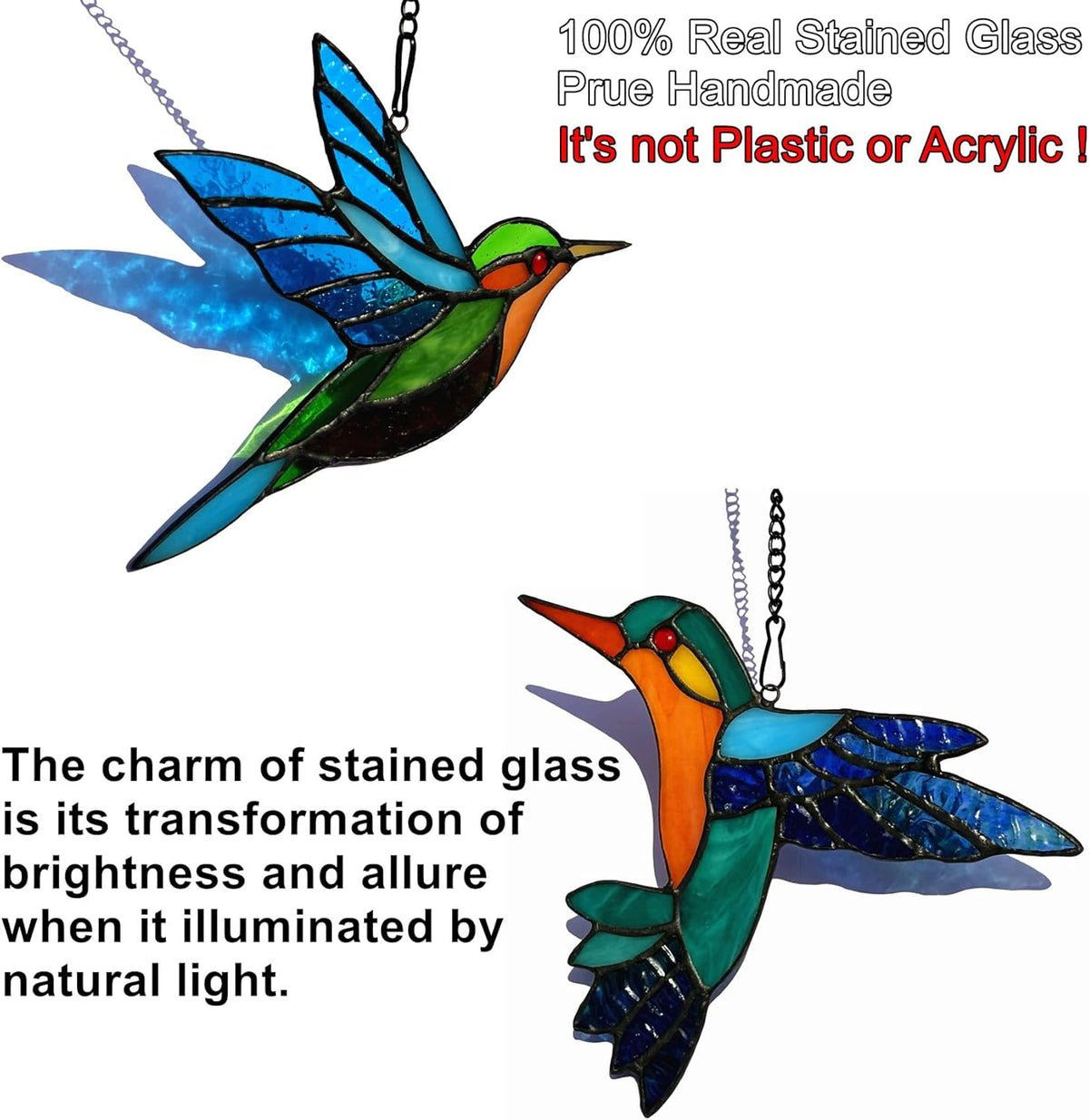 2 Packs Stained Glass Hummingbird Suncatcher Window Hanging Ornament, Stained Glass Birds