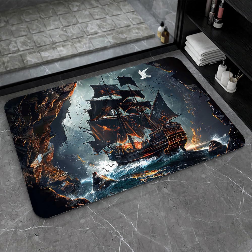 Bath Mat-Bathroom Rug，Dark Pirate Ship-Absorbent Non Slip Quick Dry Stain Resistant Easy to Clean