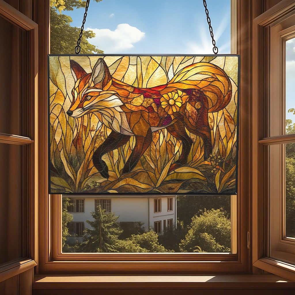 Personalized Rectangle Art Nouveau Golden Grass Fox Stained Glass Window Hangings, Handcrafted