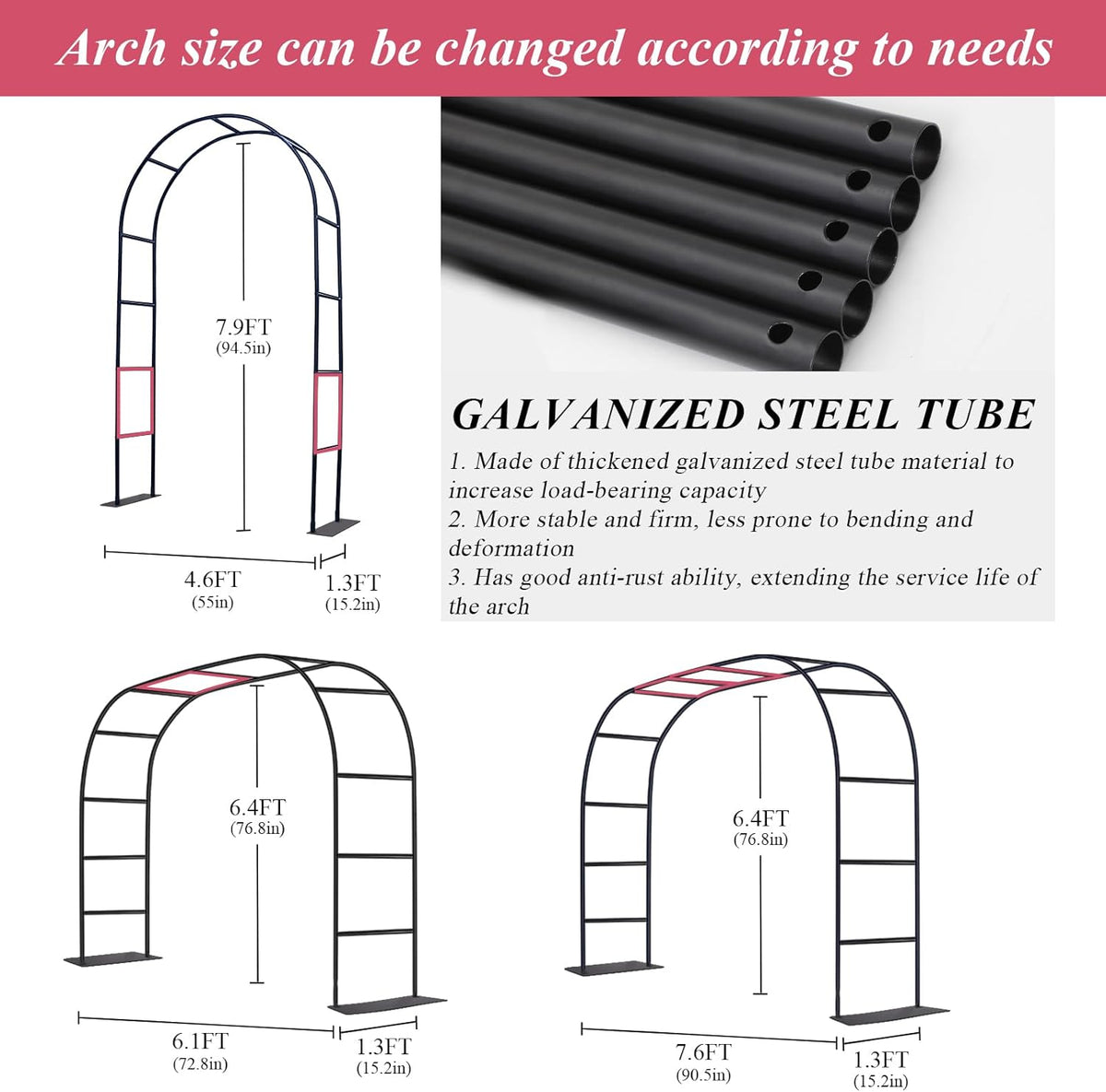 Thickened Tube Garden Arch Trellis - 4.6ft Wide x 7.9ft High or 7.6ft Wide x 6.4ft High - Garden