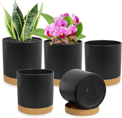 5 Pack Cylindrical Flower Pots with 7/6.5/6/5/4 inch, Modern Small Plastic Plant Pots with Drainage