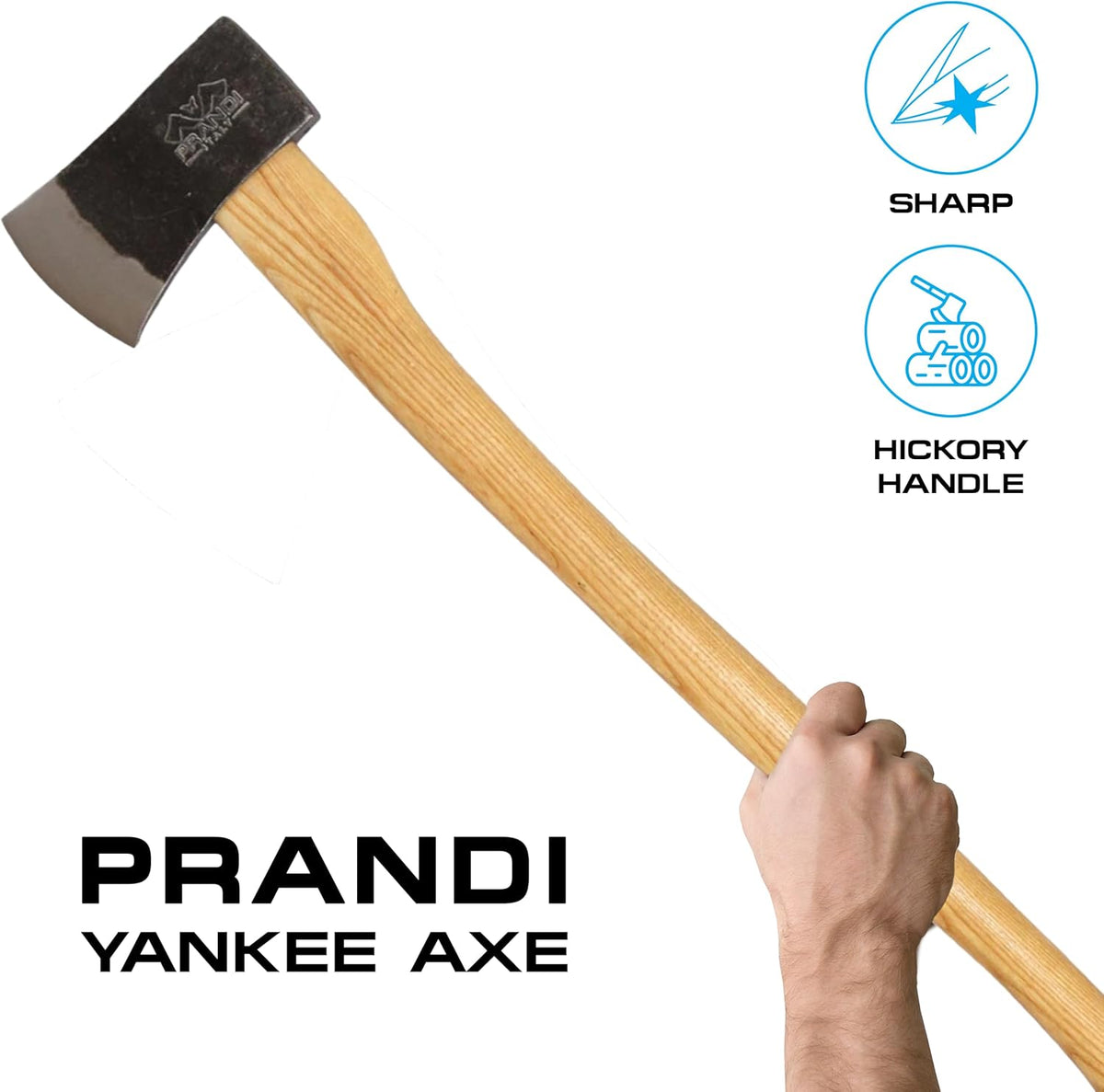 Prandi Axes Yankee C45 Forged Carbon Steel Hatchet - Hickory Handle with Leather String - Ideal for