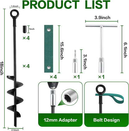 18-Inch Ground Anchors Screw in Heavy Duty, 4 Pack Shed Anchor Kit with Wrenches and Straps, High