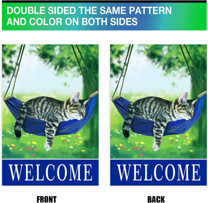 Welcome cat garden flags for outside 28x40，seasonal flags with cats double sided house flags