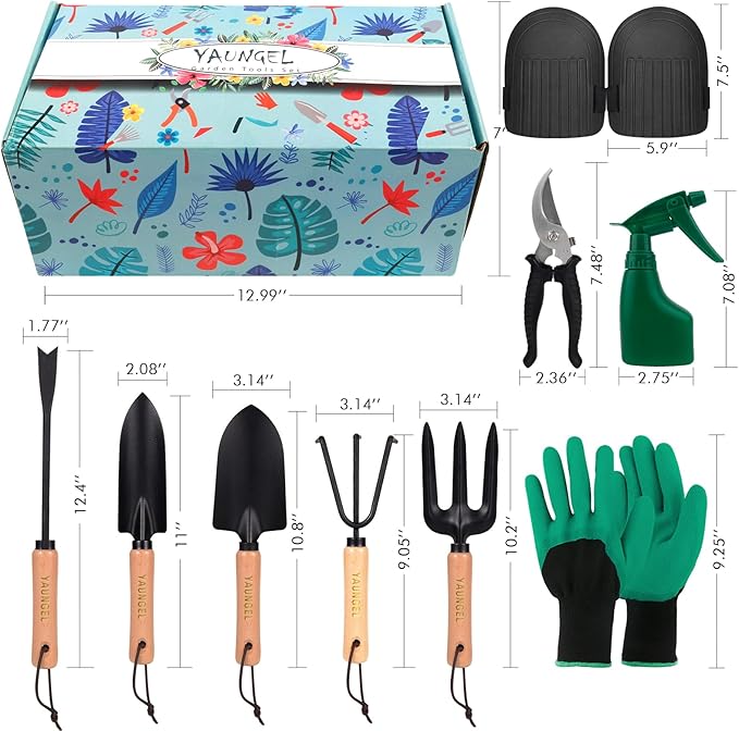 YAUNGEL Garden Tools - 10Pcs Garden Tool Set Heavy Duty Stainless Steel Gardening Supplies Hand