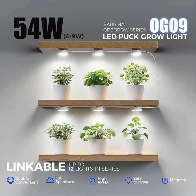 Barrina Orbgrow OG09 Puck Grow Light, 5000K 54W(6 x 9W, 810 Watt Equiv), Full Spectrum Plant Light