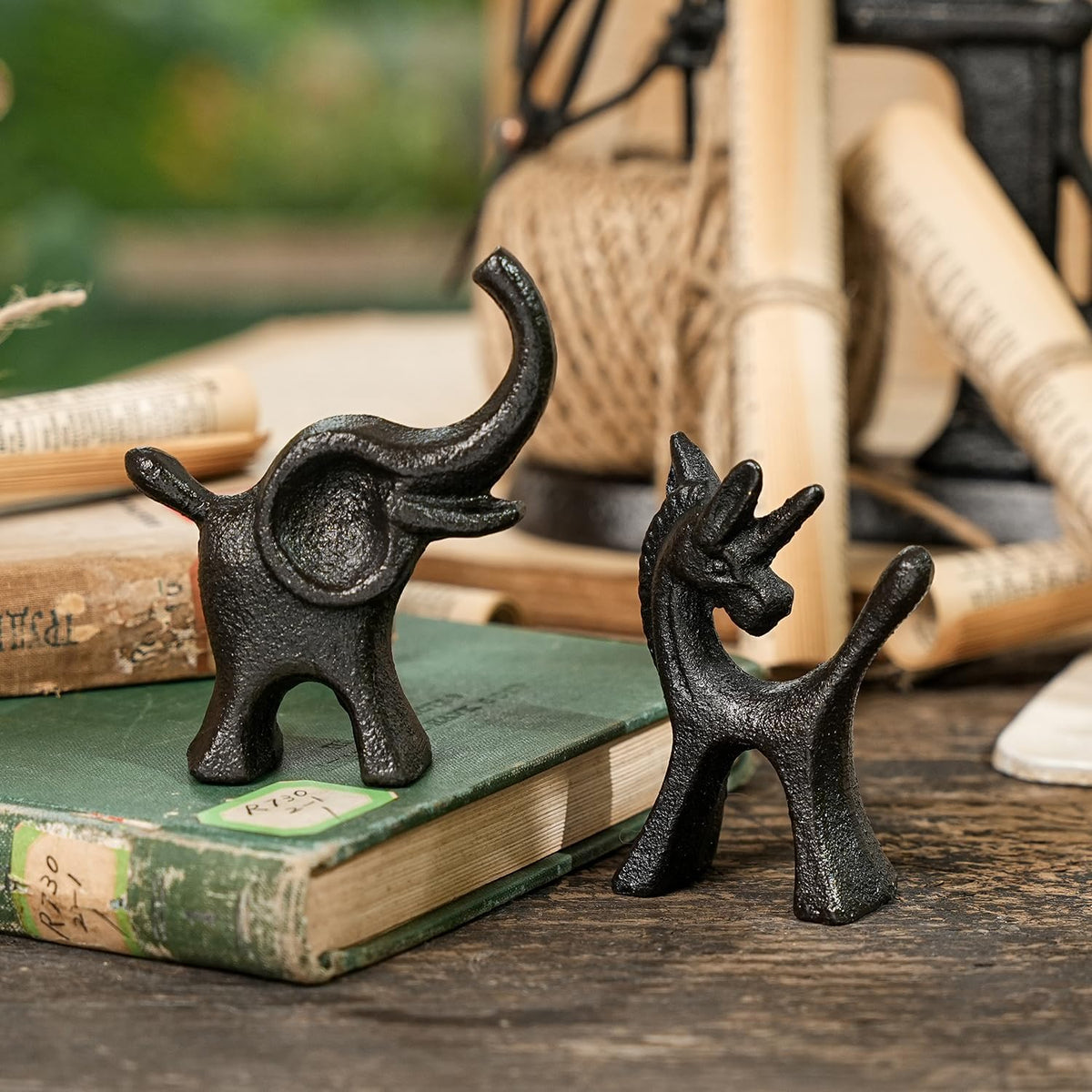 Sungmor Set of 2 Cast Iron Elephant & Unicorn Figurines - Rustic Black Animal Sculptures for Shelf