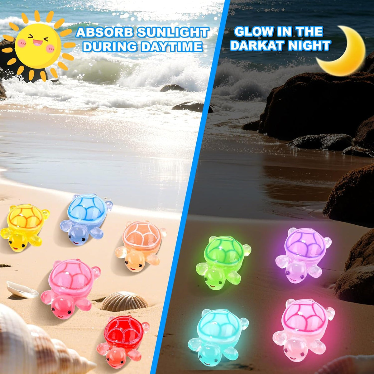 120pcs Luminous Mini Resin Turtles 9 Colors Glow in The Dark Tiny Sea Turtle Figures to Hide Small