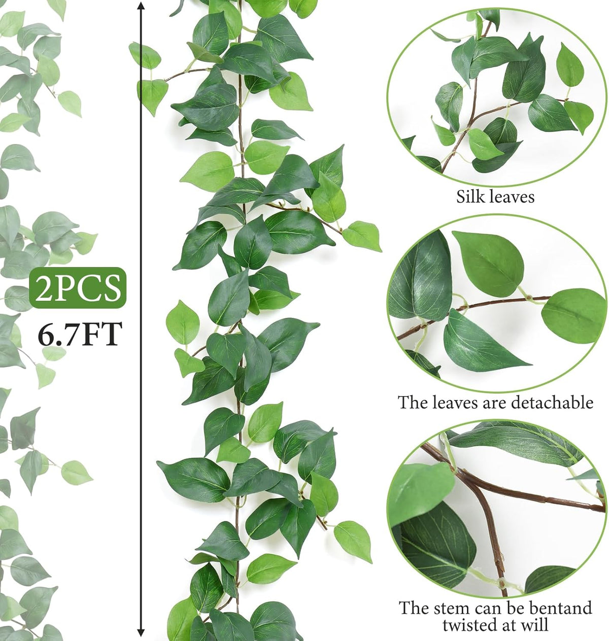 Dremisland 4 Strands Artificial Scindaps Vines Garland 6.7ft Fake Vines Ivy Garland Silk Green