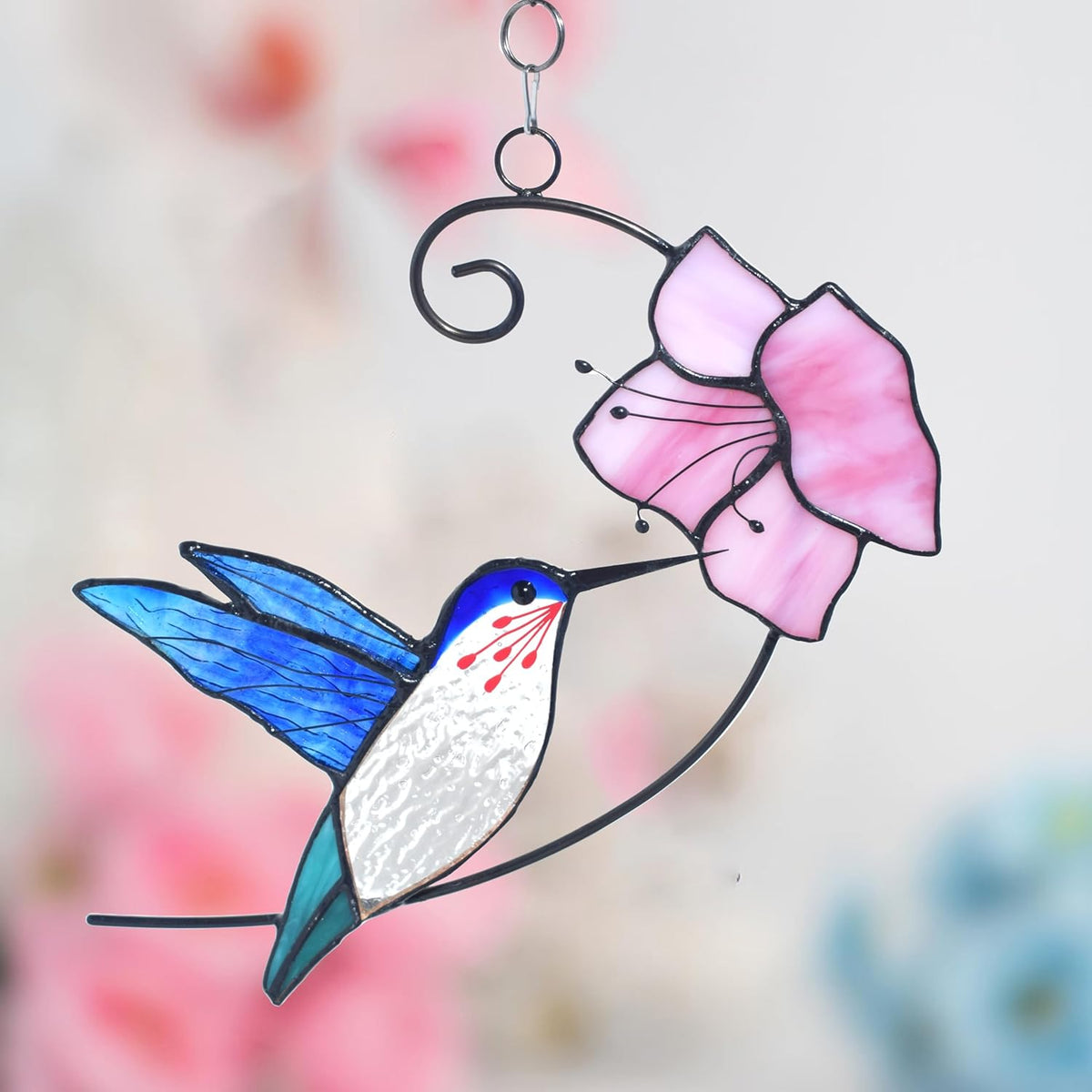 Lolitarcrafts Hummingbird with Flower Stained Glass Suncatcher Bird Stained Glass Window Hangings