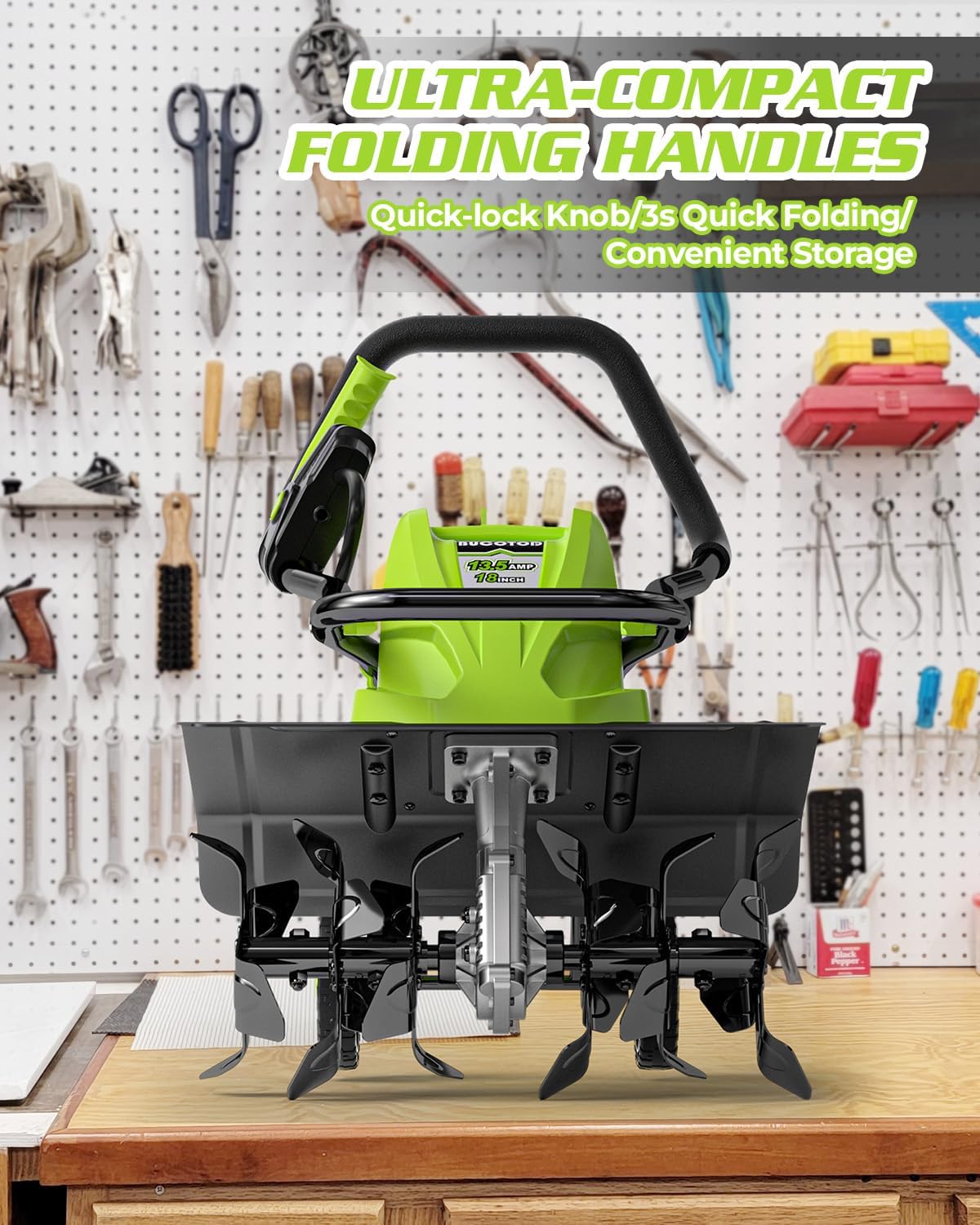 18-Inch 13.5 Amp Tiller/Cultivator with 6 Steel Tines, 3-Adjustable Wheels, Foldable Handle, 8''