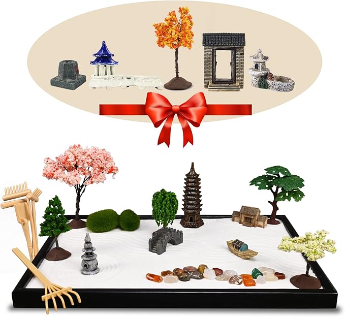 14" x 10" Large Japanese Zen Garden Kit for Desk – Includes 25+ Accessories: Sand Tray, Rake