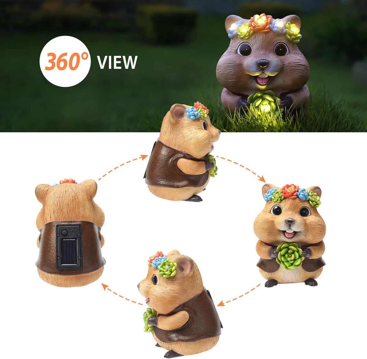 Solar Garden Decor Outdoor Statues Hamster with Succulent and LED Lights Birthday Gifts for Women