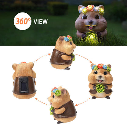 Solar Garden Decor Outdoor Statues Hamster with Succulent and LED Lights Birthday Gifts for Women