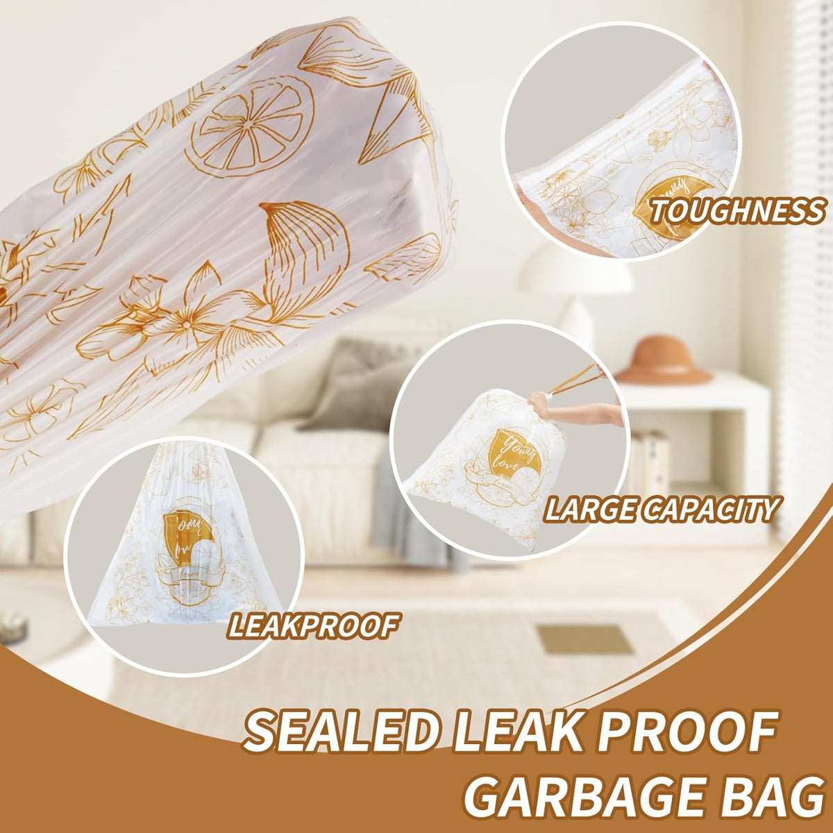 VOK 13 Gallon Trash Bags with Lemon Print & Drawstring, Tear-Resistant Tall Kitchen Garbage Bags