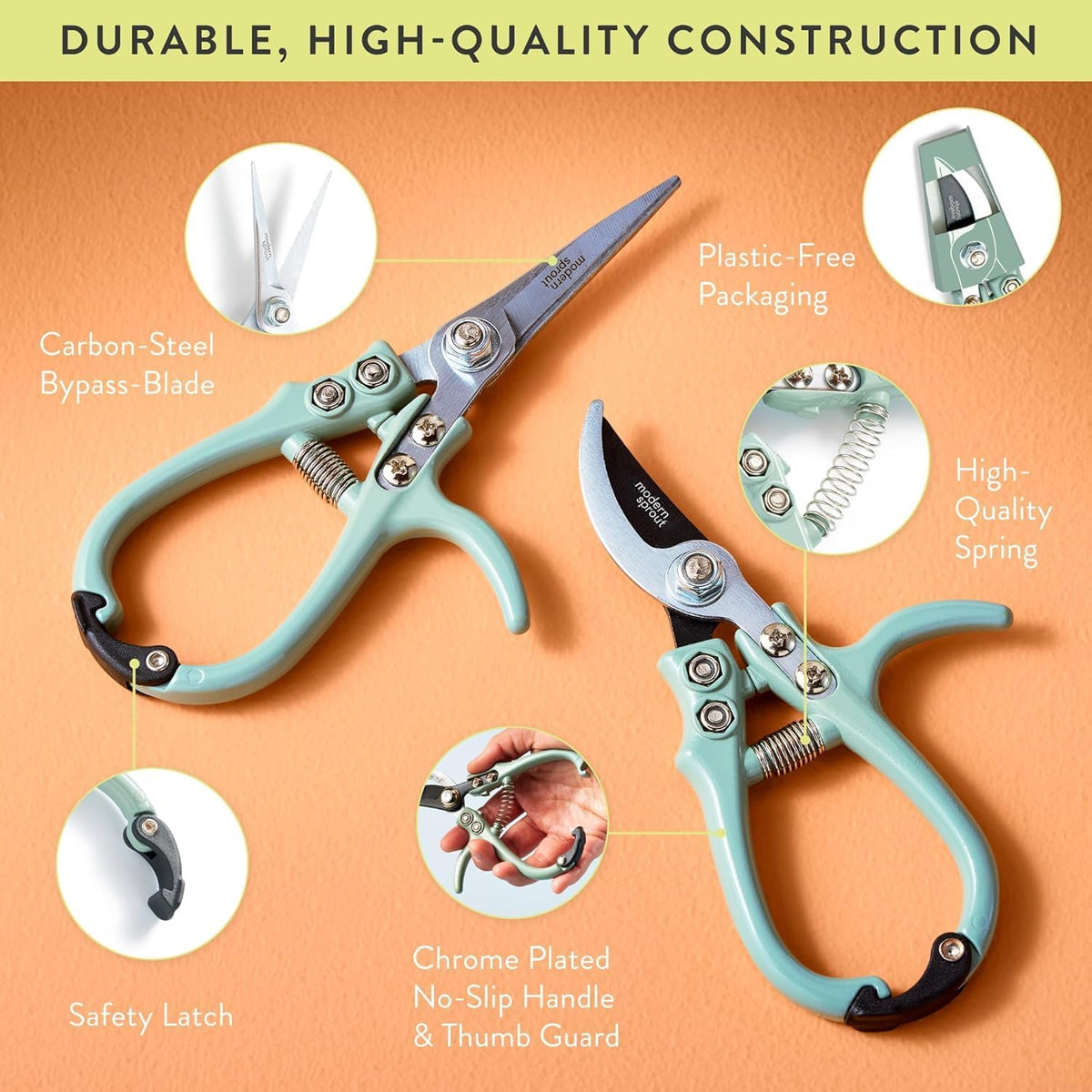 Modern Sprout Hand Pruners & Shears Set with Blister Pack - Lightweight Gardening Tools with Easy