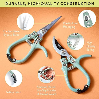 Modern Sprout Hand Pruners & Shears Set with Blister Pack - Lightweight Gardening Tools with Easy