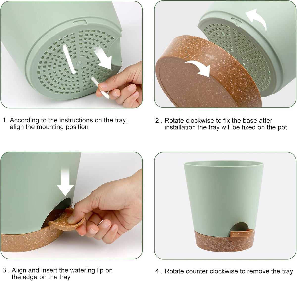 Indoor Self Watering Planters with Drainage Holes and Saucers, 8, 7, 6.5, 6, 5.5, 5 Inches, Green