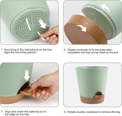 Indoor Self Watering Planters with Drainage Holes and Saucers, 8, 7, 6.5, 6, 5.5, 5 Inches, Green