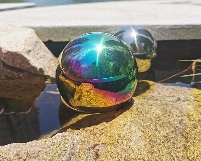Rainbow Gazing Globe Mirror Ball in Stainless Steel, Shiny Hollow Sphere Sparkling Housewarming
