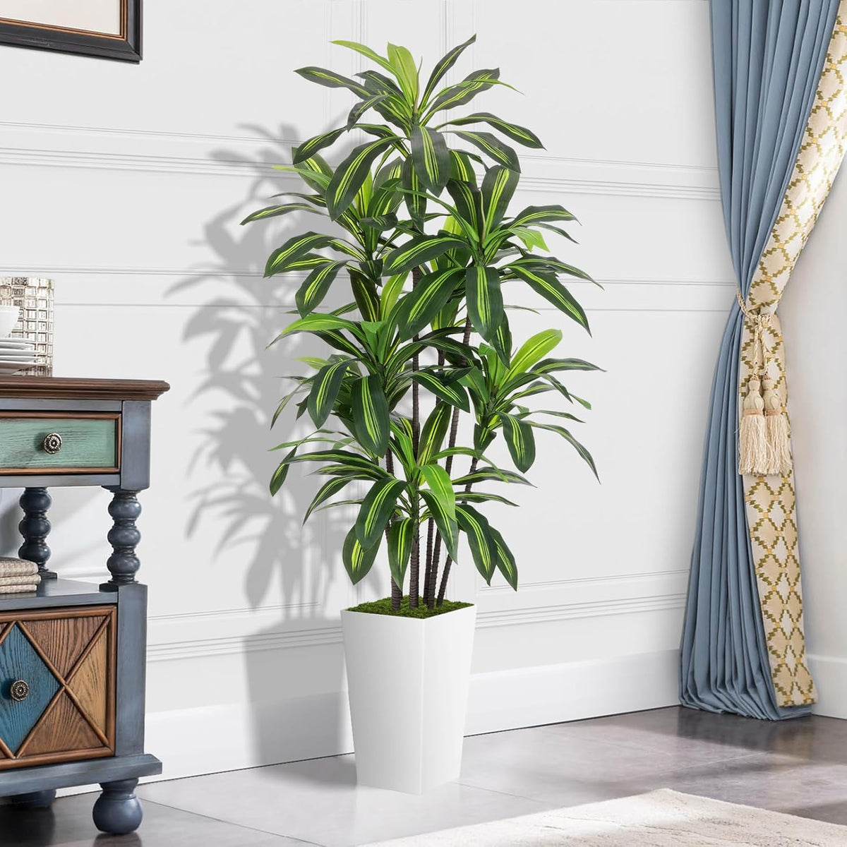 Artificial Dracaena Plant 6FT - Fake Tree with White Tall Planter - Faux Yucca Tall Fake Floor