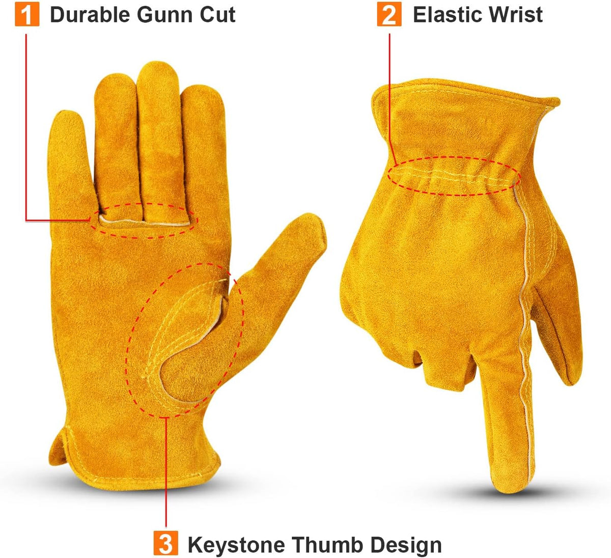 OZERO Leather Work Gloves Flex Grip Tough Cowhide Gardening Glove for Men and Women (Medium, Gold