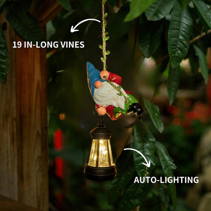 Solar Hanging Gnome Garden Statue Climbing Rope Gnome with LED Lantern Outdoor Decor Tree Hugger