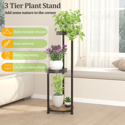 Plant Stand Indoor Outdoor,3 Tier Metal Wood Plant Stand for Multiple Plants,Black Tall Narrow