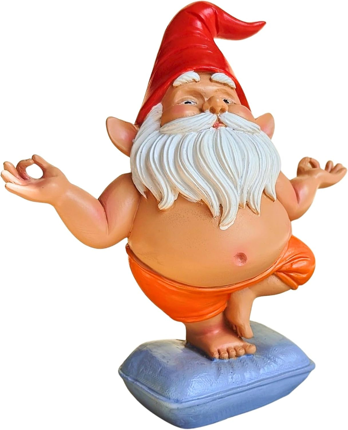 Zen Yoga Gnome Statue – Handcrafted Resin Meditation Gnome on Pillow, Tree Pose, Relaxed Expression