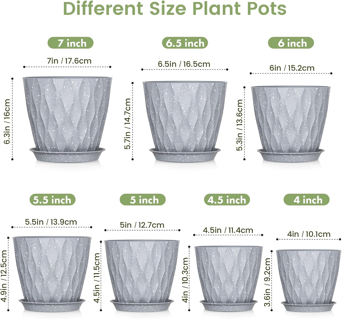 7/6.5/6/5.5/5/4.5/4 inch Plant Pots for Indoor Outdoor Plants, 7 Pack Thick Flower Pots with