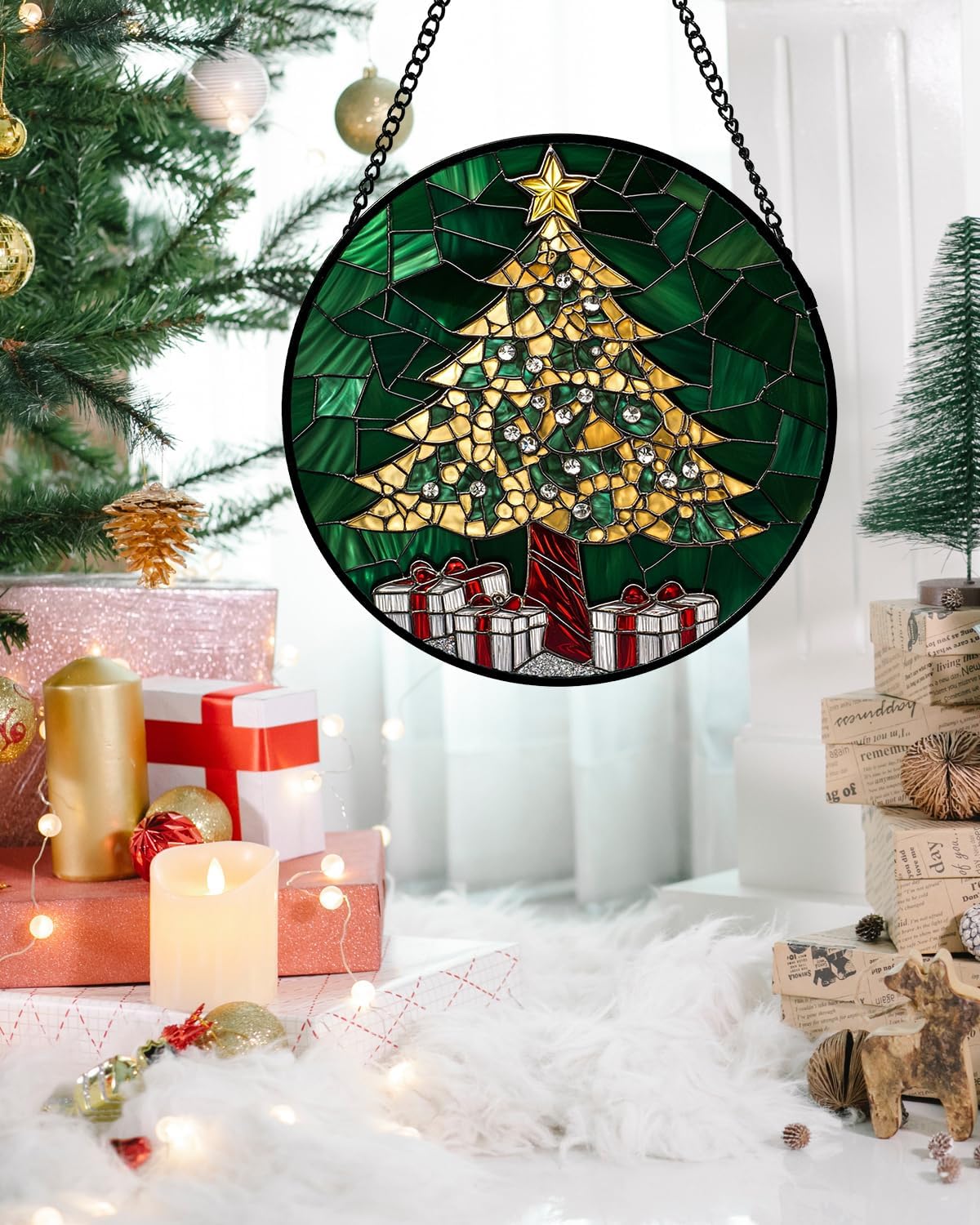 Stained Glass Window Hanging - Gold Green Christmas Tree Suncatcher for Doors Home Christmas