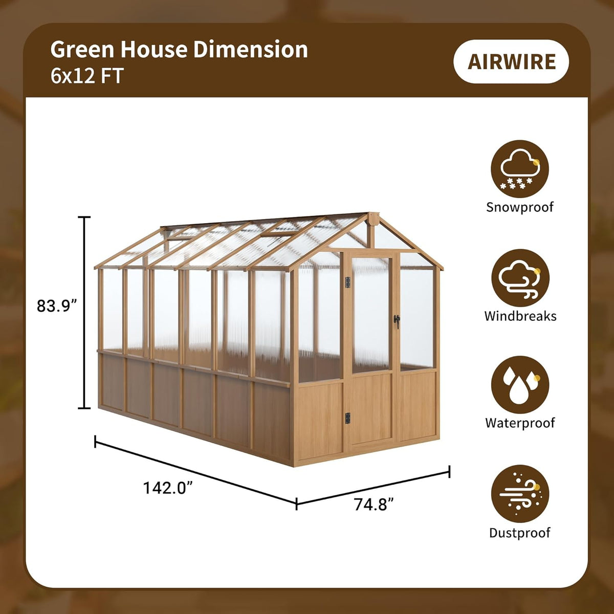 6x12 FT Wooden Greenhouse for Outdoors, Walk-in Greenhouse with 6MM Thick Polycarbonate Panel and