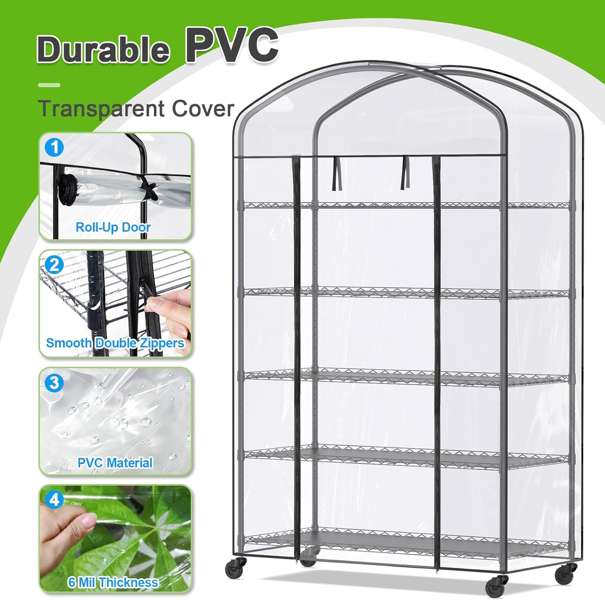 Abimars 5-Tier Greenhouse with Caster Wheel, Each Shelf Height Adjustable Metal Plant Shelf with